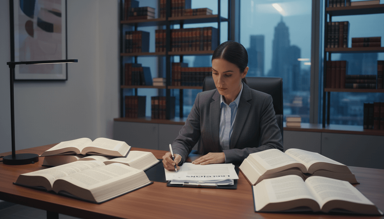 Abogado profesional revisando documentos legales en oficina moderna
