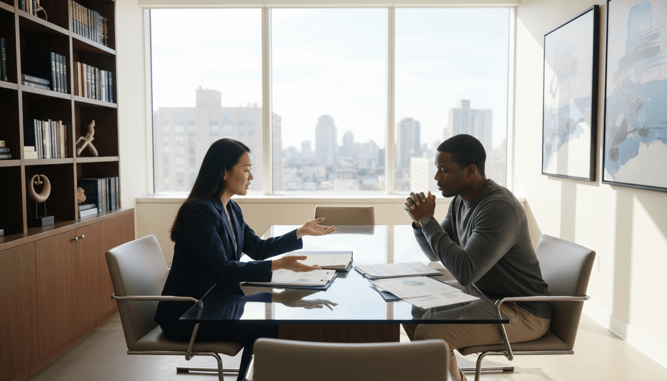 Abogado profesional en consulta con cliente en oficina moderna
