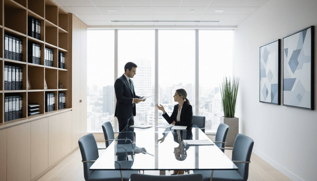 Abogado profesional en despacho moderno asesorando cliente