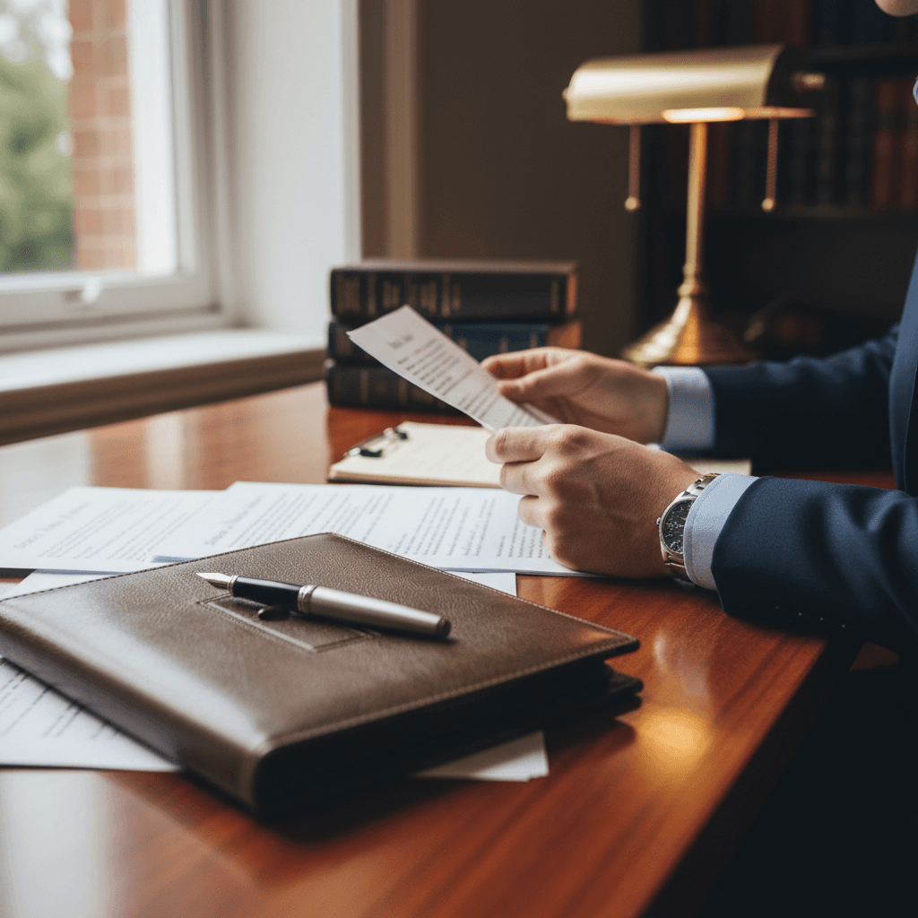 Law student's hands reviewing case notes and documents at a wooden desk with leather portfolio and books visible